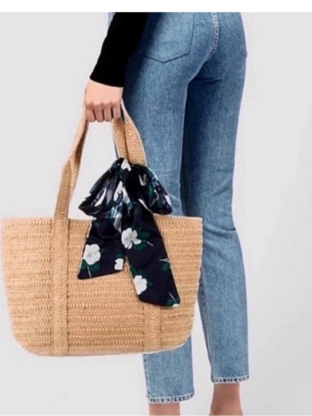 NEW Draper James Straw Tote Bag with Floral Scarf Accent
